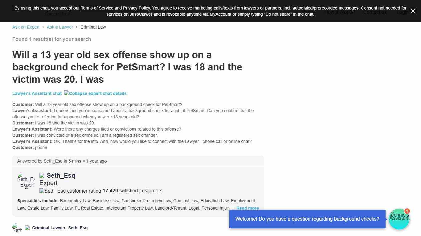 Will a 13 year old sex offense show up on a background check for PetSmart? I was 18 and the victim was 20. I was